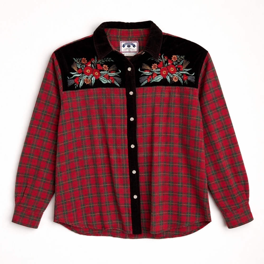 Vintage 90s Western Embroidered Plaid Velvet Yoke Cowgirl Shirt‎ Womens M Rodeo